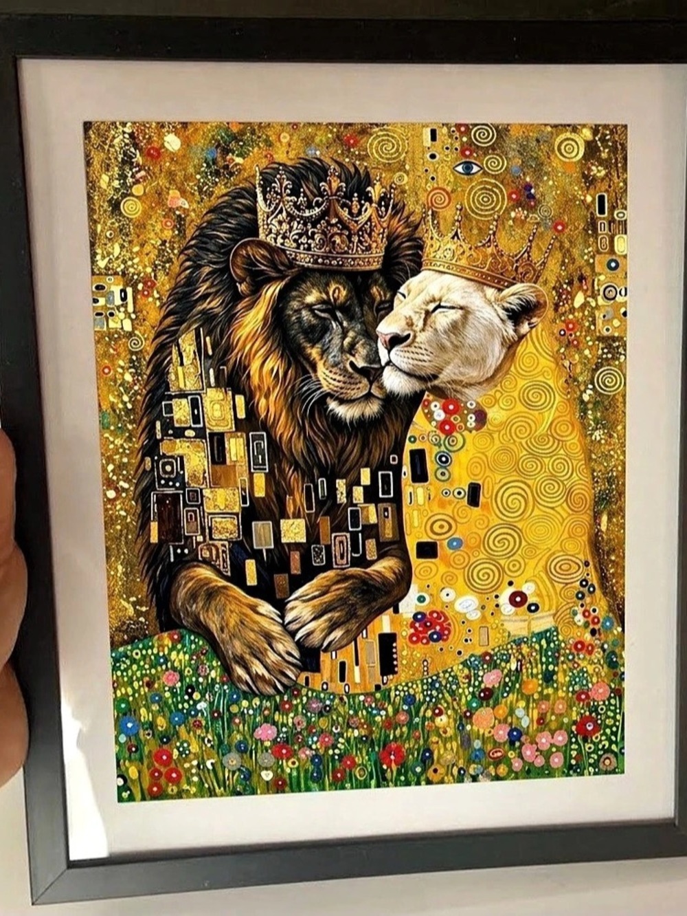 10x12 Klimt-Inspired Royal Lion Couple – Crowned lion couple Framed Art Print